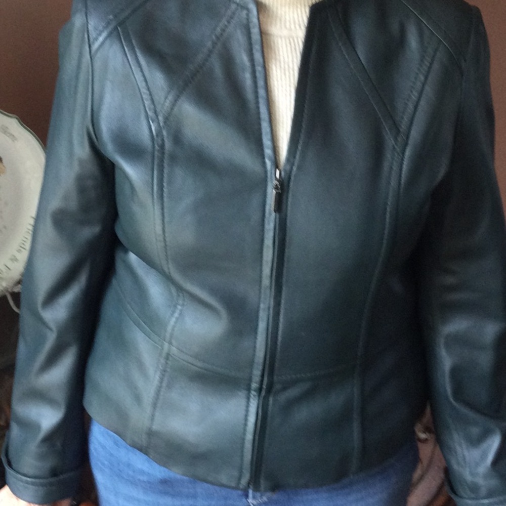 Jones New York Deep Green Leather Zip Jacket